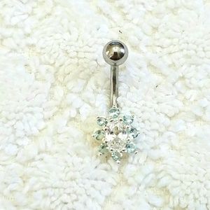 925 SS  Clear Aqua Blue pave Flower CZ Navel Ring